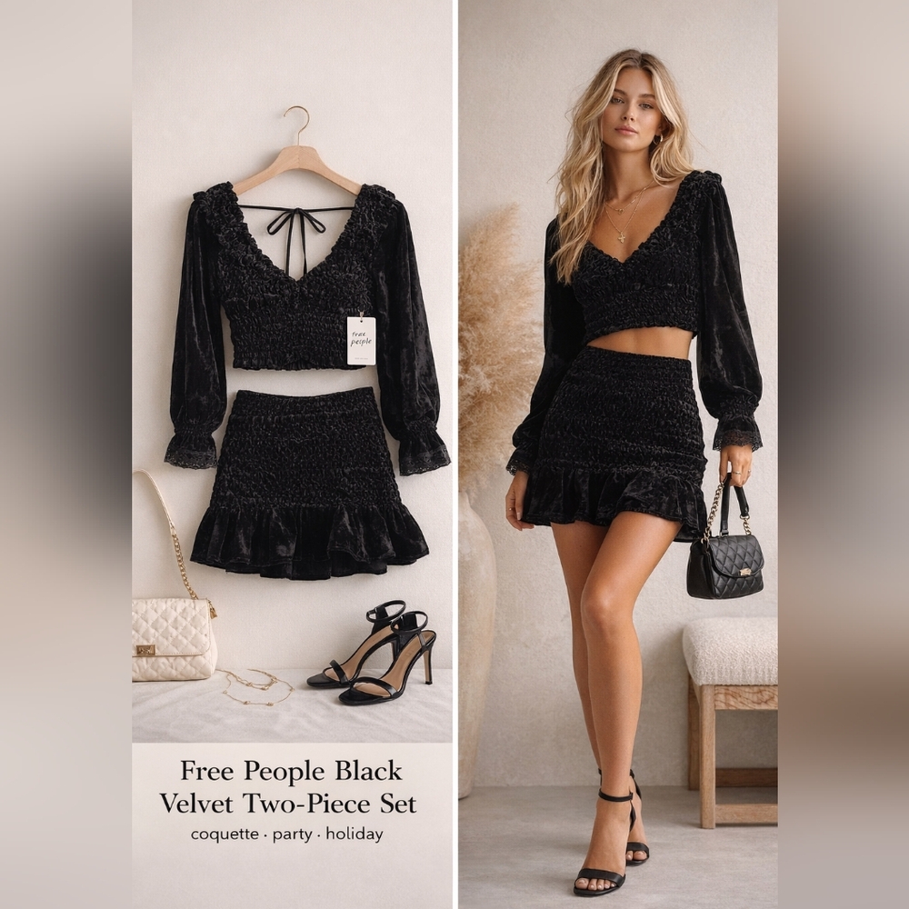 Free People Velvet Two Piece Set Black Size S Smocked Top Mini Skirt